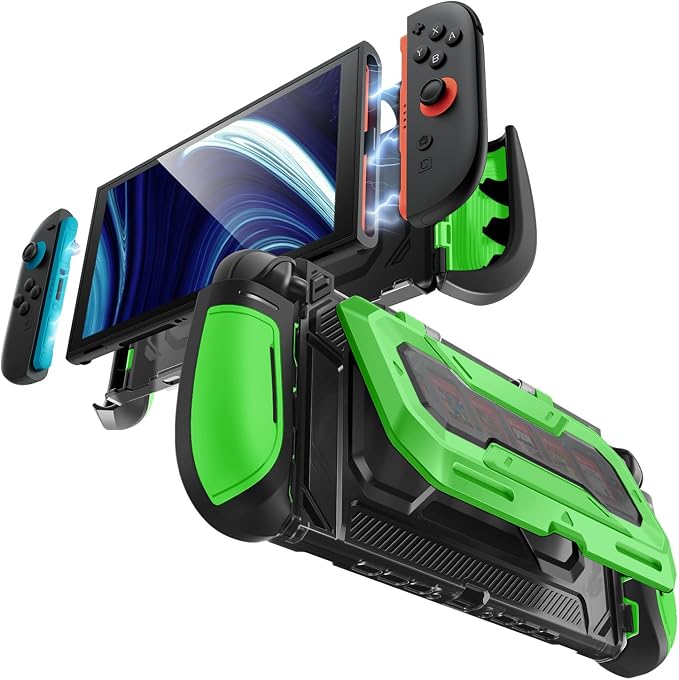 Mumba Dockable for Nintendo Switch 2 Case with Flip Stand, [Titan] Ergonomic Switch 2 Grip Protective Cover Holds 5 Game Cards & 2 TF Cards TPU Accessories and Quick-Release Joy-Con Design (Green)