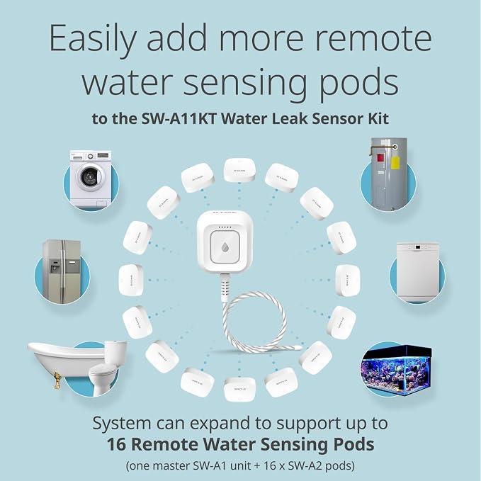 D-Link Add-on Remote Battery-Powered Water Leak Sensing Pod, Long-Range, Compatible Only with SW-A11KT, Single and Multi-Pack (SW-A2)