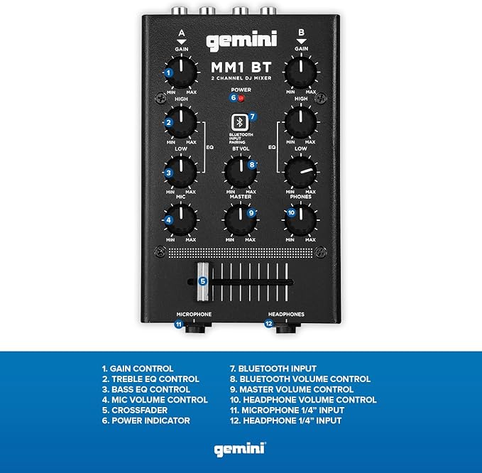 Gemini Portable Bluetooth DJ Mixer – 2-Channel Mini Audio Mixer with Wireless Input, RCA, Mic & Headphone Jacks, EQ & Crossfader – Compact DJ Mixer Board for Beginners & Mobile DJs (MM1BT)