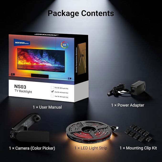 NEEWER Basics TV Backlight for 55"-65" Screens, 11.8ft/3.6m LED RGB Light Strips with Sensor Change with TV, Scheduled On/Off, Zero Delay Color Sync, Music Sync, 24 Scenes, Supports App Control, NS03