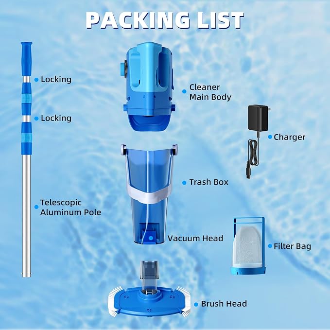 Cordless Pool Vacuum Above & Inground Pools, Powerful 1590 GPH Suction,Handheld Telescopic Pole up to 85.45", 1H Runtime, 2L Debris Bin, Rechargeable Pool Cleaner for Spas & Hot Tubs