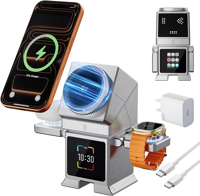 Robot 7-in-1 Wireless Charging Station, Qi2.2 25W Magnetic Rotating Charger for iPhone 17-12 Series, iWatch, AirPods, Bluetooth Speaker, Alarm Clock with LCD Display, Desk Organizer & Decor, Sliver