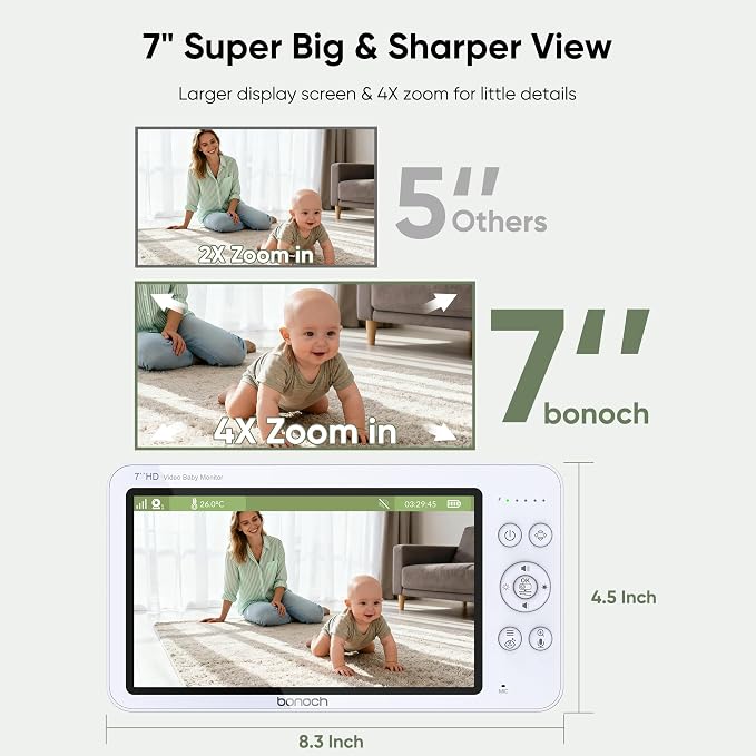 bonoch V2.0 1080P Baby Monitor with 2 Cameras, 7" MegaView Split Screen Baby Monitor No WiFi, 2026 Upgraded Sleep/Crying/Motion Detection, Dual Video Monitor with Camera and Audio, White Noise
