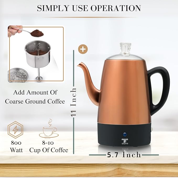 Moss & Stone Percolator Coffee Pot Electric 10 Cup, Stainless Steel Coffee Maker, Coffee Percolator Electric With Keep Warm Function, 10 Cups Stainless Steel Percolator With Coffee Basket Bundle With