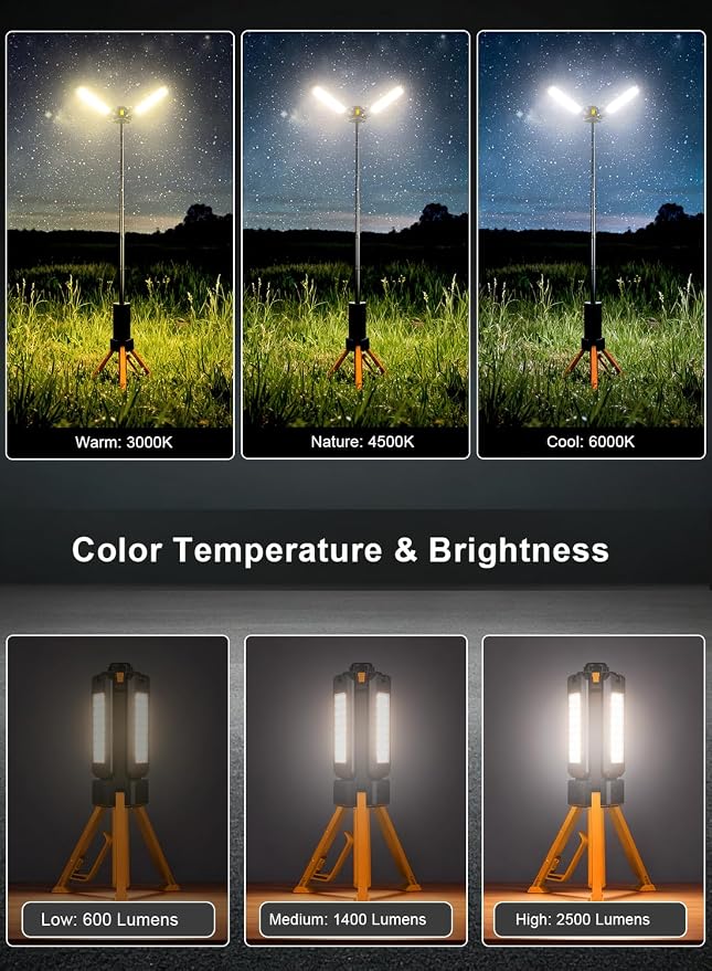 15000mAh Rechargeable Telescopic Camping Light, Portable Flashlight & Lantern with Reinforced Tripod Base, Height Adjustable Dimmable Tent Light, Power Bank for Outdoor BBQ, Hiking, Job Site, Orange