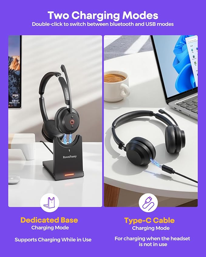Wireless Headset with Mic for Work-Bluetooth Over Ear Headphones with Microphone,Noise Cancelling with Mute & USB Dongle for Computer/Phones/Remote Work/Call Center,Lightweight All Day Comfort