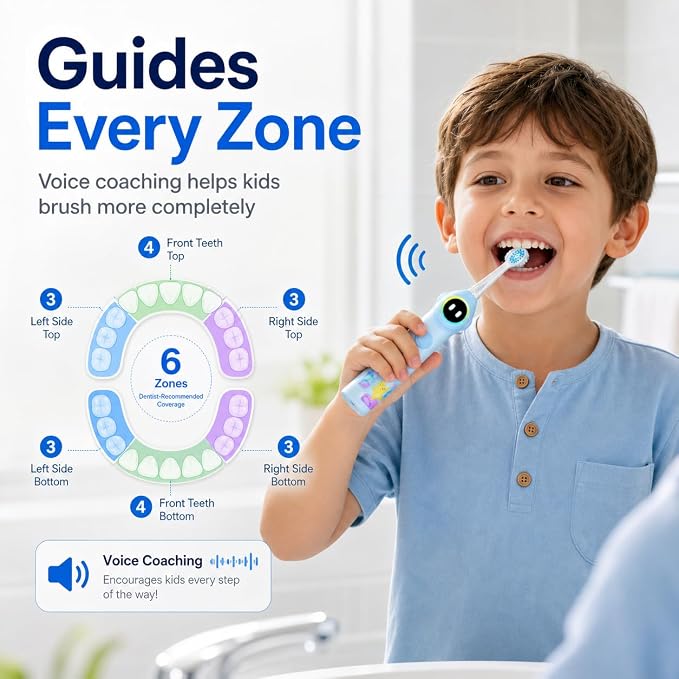 usmile Q30 Kids Sonic Electric Toothbrush, Voice-Guided Full-Mouth Coaching, Missed Spot Alerts & Smart App Reports, Extra-Soft Brush Heads, USB-C Rechargeable, IPX8 Waterproof (Ages 3–12, Blue)