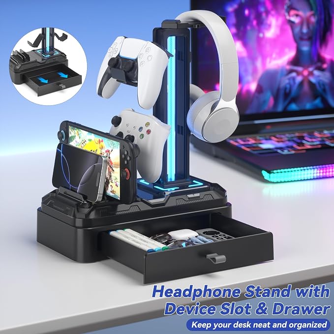 KDD RGB Multi-Controller Holder with 9 Light Modes & Headphone Stand with Charger Port and Multifunctional Storage