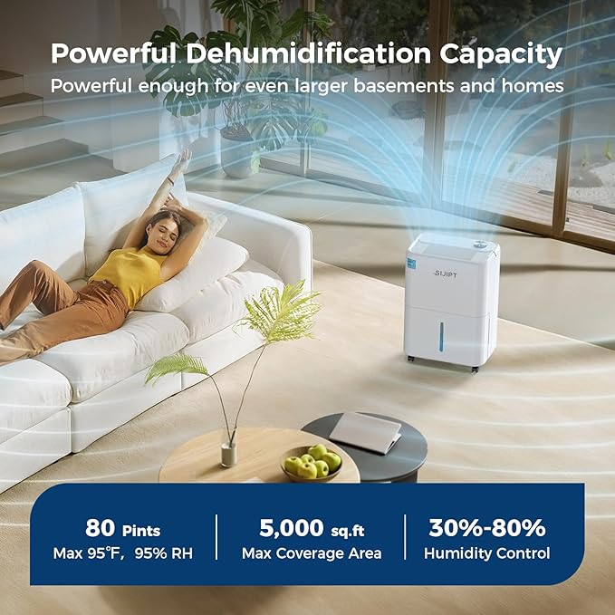 80 Pints Dehumidifier with Pump, Sijipt Energy Star Dehumidifier for Basement Home and Large Room with 6.56 inch Drain Hose, Auto-Shutoff 24H Timer, and Memory Starting | Energy Star, Built-in Pump Drains 16.4ft Vertically, 6.56ft Drain Hose, Auto Shut...