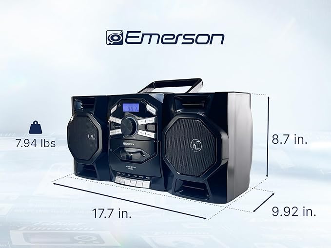 Emerson Portable CD Player Boombox with Cassette Player, Tape Recorder, AM/FM Radio, MP3 AUX Input, Detachable Speakers, AC/DC & Battery Operated – Stereo System for Home, Travel, Indoor & Outdoor Use