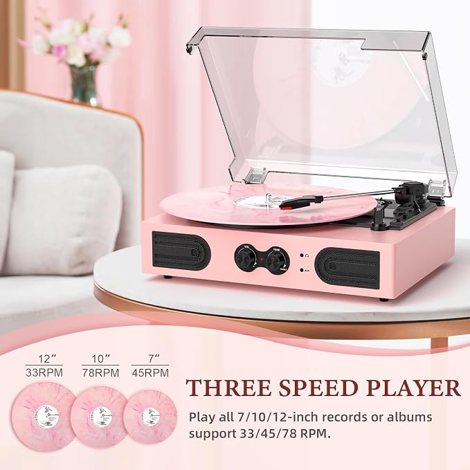 Vinyl Record Player with Built-in Speakers 3-Speed Vintage Record Player Support Treble& Bass Control, 3.5mm Headphone Jack, RCA-Out/Aux in, Belt-Driven LP Turntable,Pink