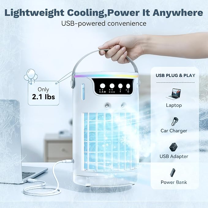 Portable Air Conditioners, AC Fan Mini Evaporative Air Cooler 1200ML with Ice Cooling Mist Personal Air Conditioner Quiet for Bedroom, Home Office Desk (white)