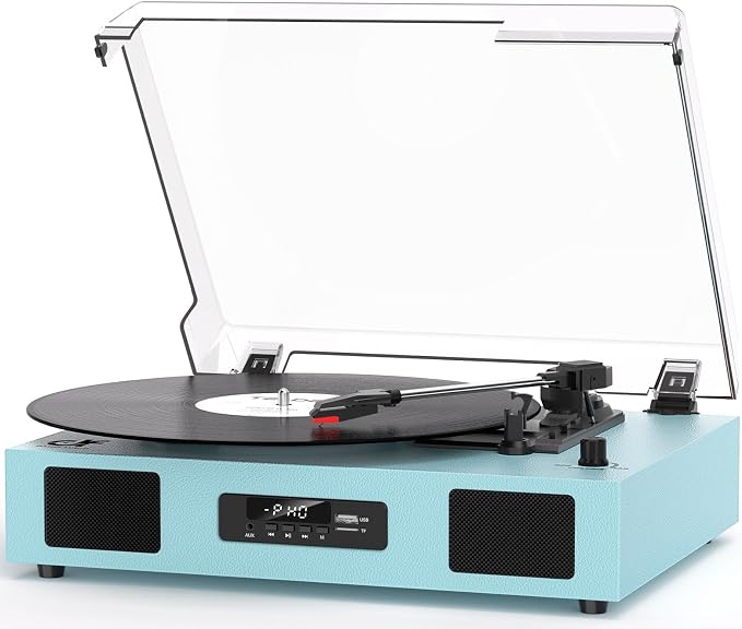 Vinyl Record Player with Bluetooth, 3-Speed Belt-Drive Turntable with Built-in Speakers, USB Recording, RCA/AUX/Headphone Jack, Classic Blue Record Player