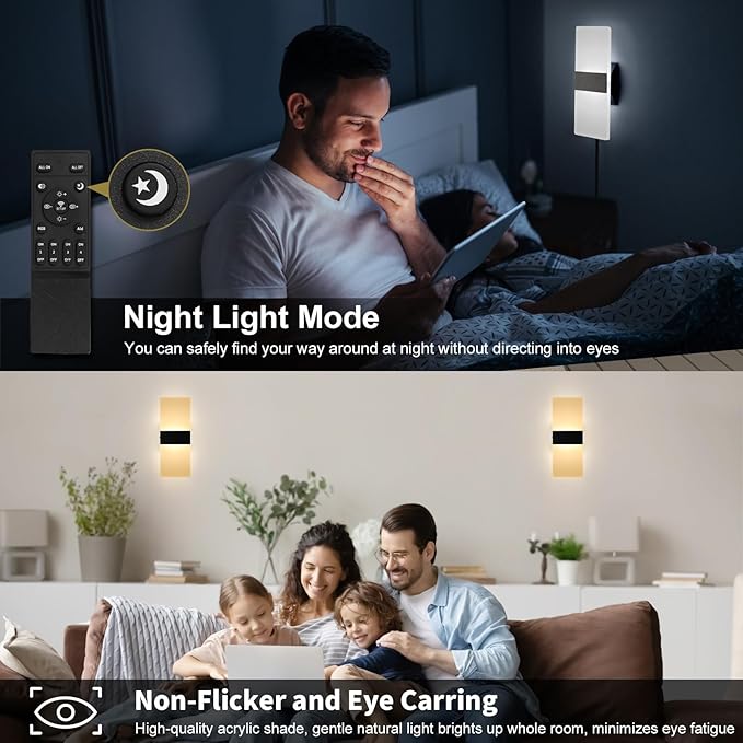 GOODATE Plug in Wall Sconce with Stepless Adjustable 3000K-6500K Colors and 10%-100% Brightness, 12W Acrylic LED Wall Light with Remote, Hardwire or Plug-in (1 Pack, Black)
