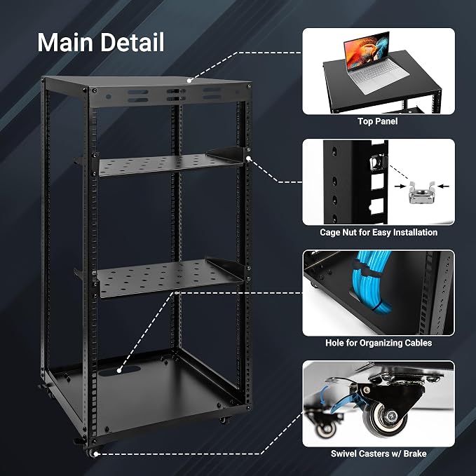 20U Server Rack w/ 2 Racks, Versatile Open Frame IT Rack - Wall-Mount, Rotate and Push w/Ease, AV Rack w/Top & Bottom Panels, Hook and Loop Straps for 19" Stereo/Data/IT/Computer Equipment
