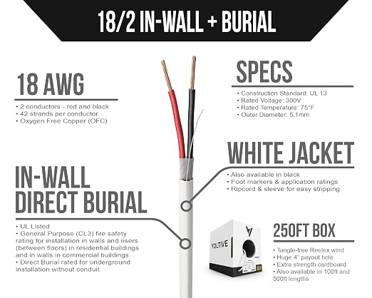 Voltive 18/2 Low Voltage Wire, in-Wall CL3 & Direct Burial, White, 250ft - 18AWG, 2 Conductors, Stranded Bare Copper, UL Listed - V-1212-6