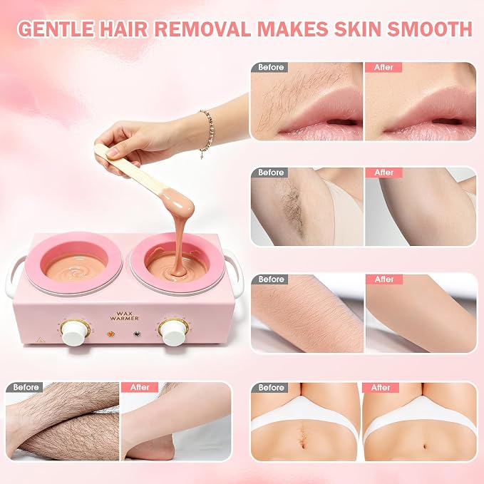 Wax Warmer for Hair Removal, Dual Pot Wax Melter Machine with Silicone Bowls & 20 Wooden Sticks, Adjustable Temperature Pink Wax Heater for Home Spa & Salon Use