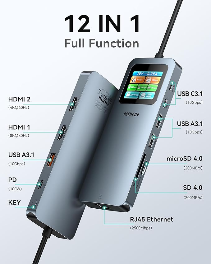 MOKiN LCD USB C Docking Station Dual Monitor, 12 in 1 Laptop Docking Station Dual HDMI with 8K@30Hz, PD 100W, 2500Mbps, 5 * 10Gbps USBA/C 3.1, SD/microSD Card Reader, USB C Adapter for HP/Dell/Lenovo