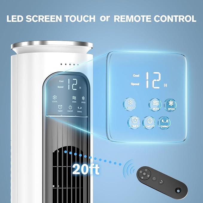 Windowless Portable Air Conditioners, 37’’ Cooling Tower Fan, Evaporative Air Cooler w/Remote, 2.5L Water Tank & Ice Packs, 12H Auto-off, 70° Oscillating, Ultra-Quiet Standing Fan For HomeOffice
