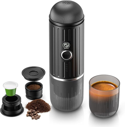 i Cafilas Portable Espresso Machine Self-Heating | Battery Powered Coffee Maker for Camping without Electricity| 2-in-1 Ground Coffee&NS Capsule|19 Bar| USB-C Fast Charge| Black Coffee Maker for Car