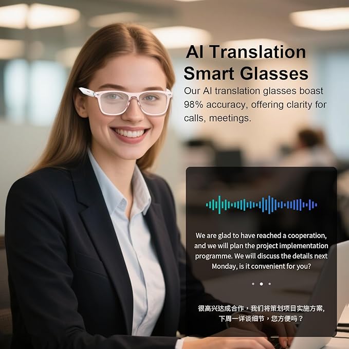 AI Smart Glasses Powered By GPT, Support 165+ Languages Real-Time Translation, Speakers & Audio Call Translator, AI Object Recognition, Noise Reduction, Smart Bluetooth Glasses for Men & Women(Black)