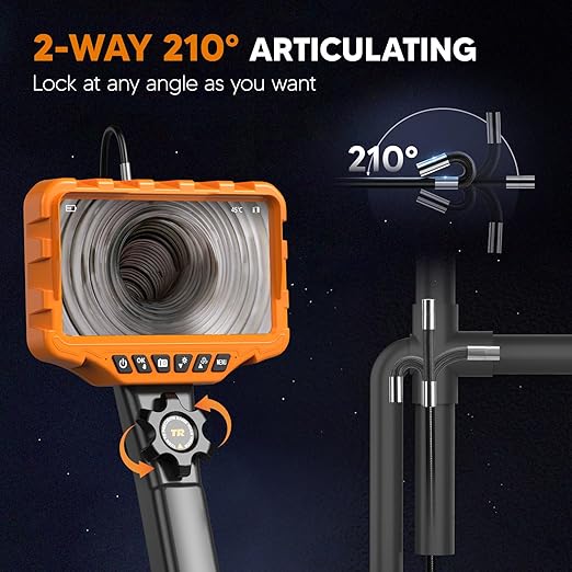 210° Two-Way Inspection Sewer Camera with Light, 7" IPS Articulating Endoscope, Industrial Borescope 0.24in Slim Probe Drain Camera for Inspection Automotive Wall Pipe 5.3FT Cable