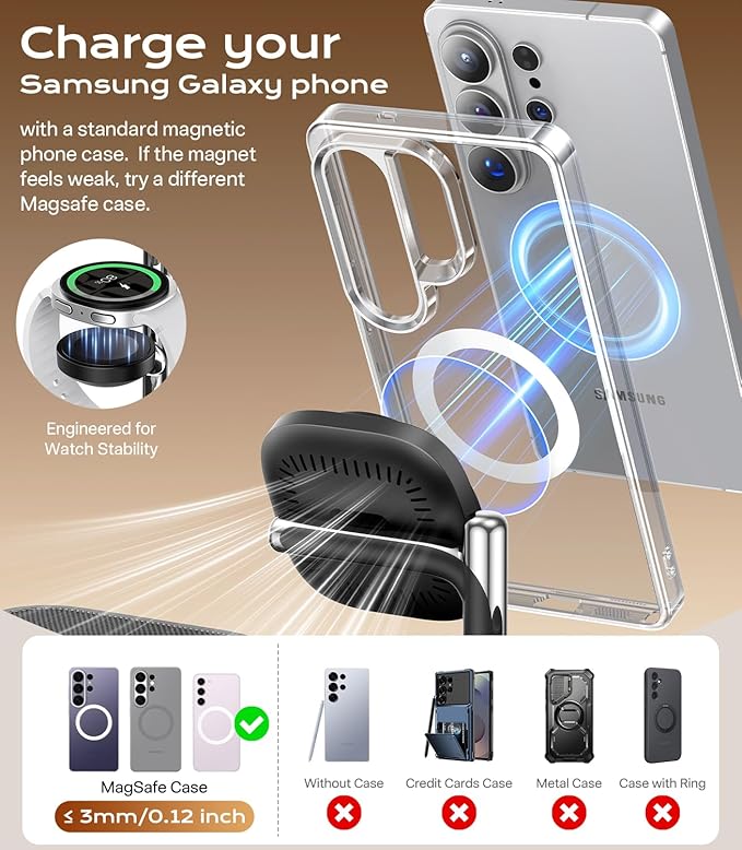 Meifigno 25W 5 in 1 Charging Station for Galaxy S26 Ultra with Bluetooth Speaker/Alarm Clock/Night Light, Qi2.2 Fast Magnetic Wireless Charger with 45W Adapter for S26/Z Fold7, for Galaxy Watch 8/Buds