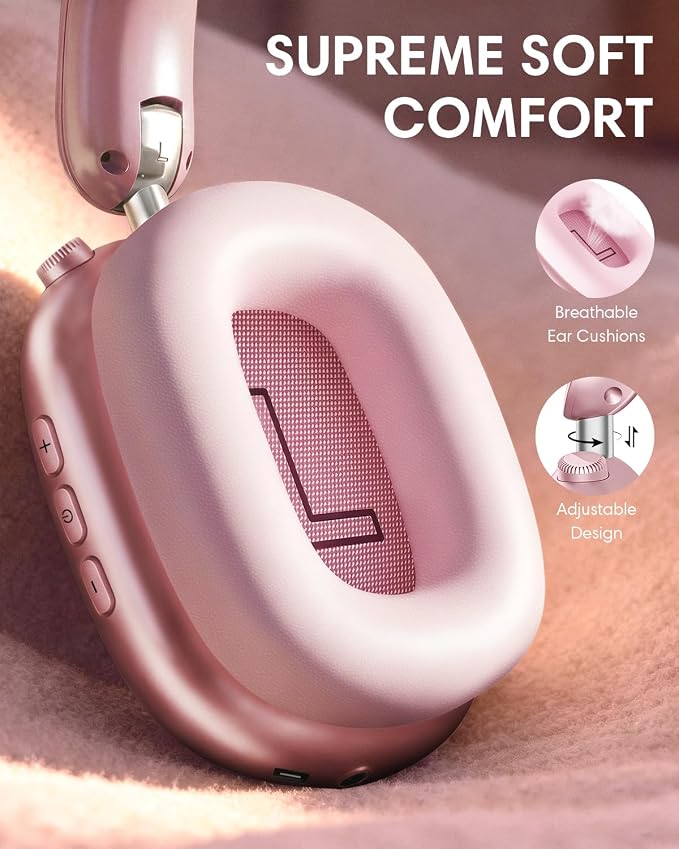Wentronic Y02 Active Noise Cancelling Headphones, Wireless Over-Ear Bluetooth 5.4 Headphones with Microphone, 60H Playtime, Hi-Res Audio, Big Bass, Foldable Lightweight for Travel Home Office, Pink