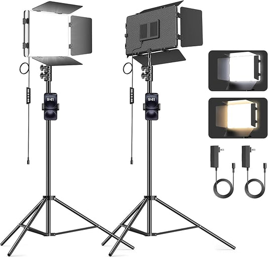 2 Pack LED Video Light Kit 79'' Tripod Light Stand, 30W 3000Lux Photography Light with Barndoor, CRI 98+ 2500K-8500K Studio Lights Panel Podcast Lighting for Video Recording/Game Live Streaming