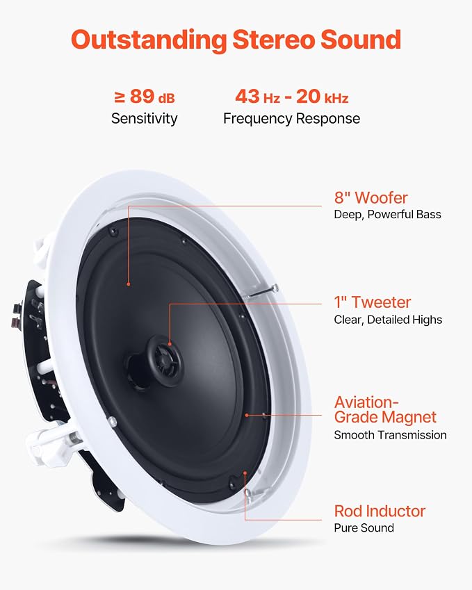VEVOR in Ceiling Speakers, 8", in-Ceiling & in-Wall Speaker System, Hi-Fi Sound, 150W Peak, 2-Way Flush Mount Speakers, for Damp Humid Placement, Home Theater, Living Room, or Covered Patio, 1 Pair