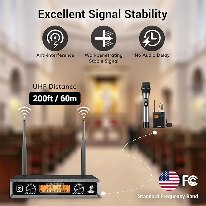 TONOR Wireless Microphones System with Metal 1 Cordless Mic and 1 Headset/Lapel/Lavalier Mic, Bodypack Transmitter, Receiver for Karaoke Church Singing Party PA Speaker, 2*15 Channels 60 m/200ft Range