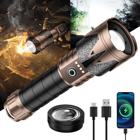 SKYFIRE Rechargeable Flashlights High Lumens with Ignition Lens,5000 Super Bright Tactical Flashlight,Zoomable, 6Modes,Waterproof Flash Light for Camping Essentials,Outdoor,Home Emergency-Upgraded