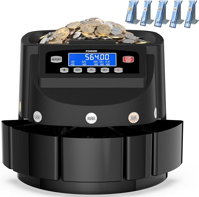 PONNOR Coin Counter Machine Sorter Change and Wrapper Roller Counting Organizer Sorts up to 300 Coins Per Minute Automatically Sorts and Batches - Black