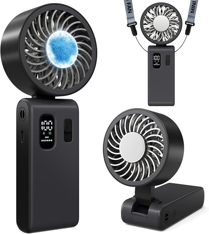 Portable Handheld Fan with Ice Cooling, 100 Speed Rechargeable Mini Desk Fan, Up to 12Hrs Cooling, Powerful Folding Personal Fan for Travel, Camping, Office (Black)