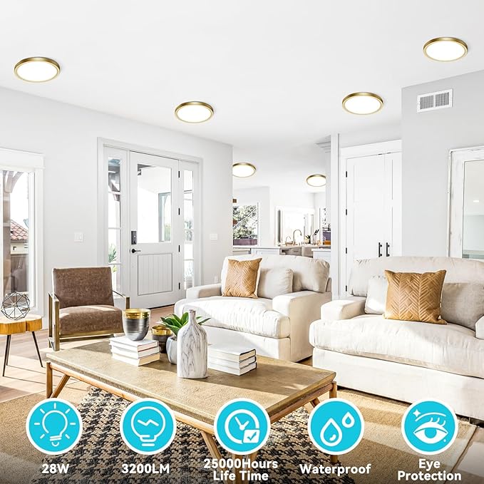 libtit 7 Inch Golden Flush Mount Ceiling Light, 15W Aureate Ceiling Light Fixture, 3000K/4000K/6500K Color Selectable, Gilded Round Ceiling Lighting for Bedroom Kitchen Pantry
