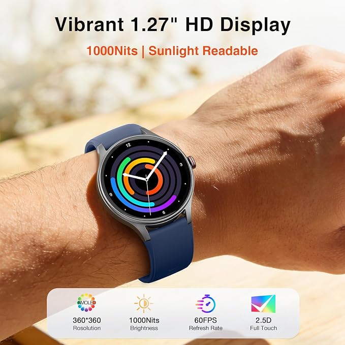Fitpolo Smart Watch for Men Women Android iPhone, 1.27'' HD Fitness Tracker with Bluetooth Call & Answer, IP68 Waterproof, Heart Rate/SpO2/Sleep Monitor, Built-in AI Voice, 105+ Sports Modes (Blue)