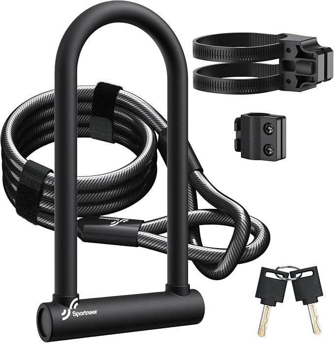 Sportneer Bike Lock: Heavy Duty Bike U Lock with 6ft Security Steel Cable - 18mm Shackle Bicycle U-Locks with Keys and Sturdy Mounting Bracket for Road Mountain Bike Bicycle, Size 11.5''x6.25''