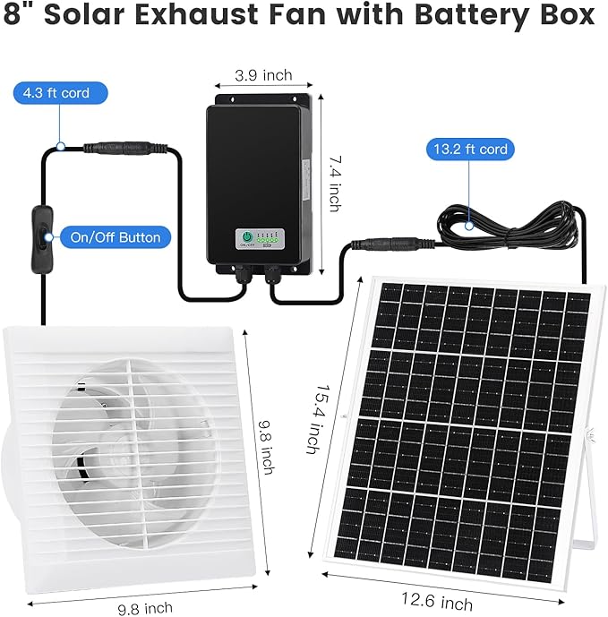 Fanspex Solar Exhaust Fan, Solar Powered Vent Fan Kit for Outside Greenhouse Shed Chicken Coop (8" Fan with Battery)