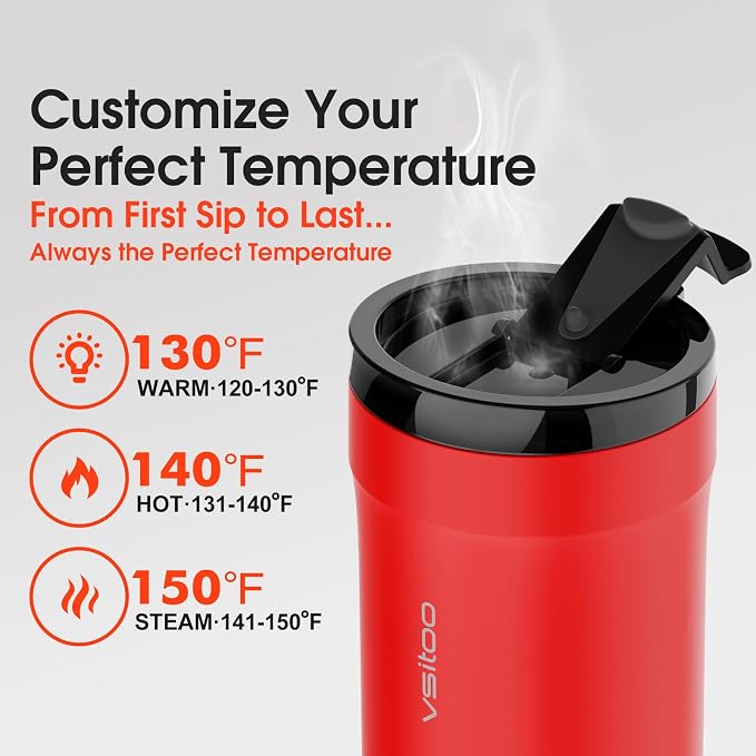 Vsitoo S5 Self Heating Travel Mug 16oz, Rechargeable Coffee Mug with Car Charger Kit, AI Auto-Sensing Temp Control Heated Cup for Home Office Car, App Control, Gift Women Men - Red