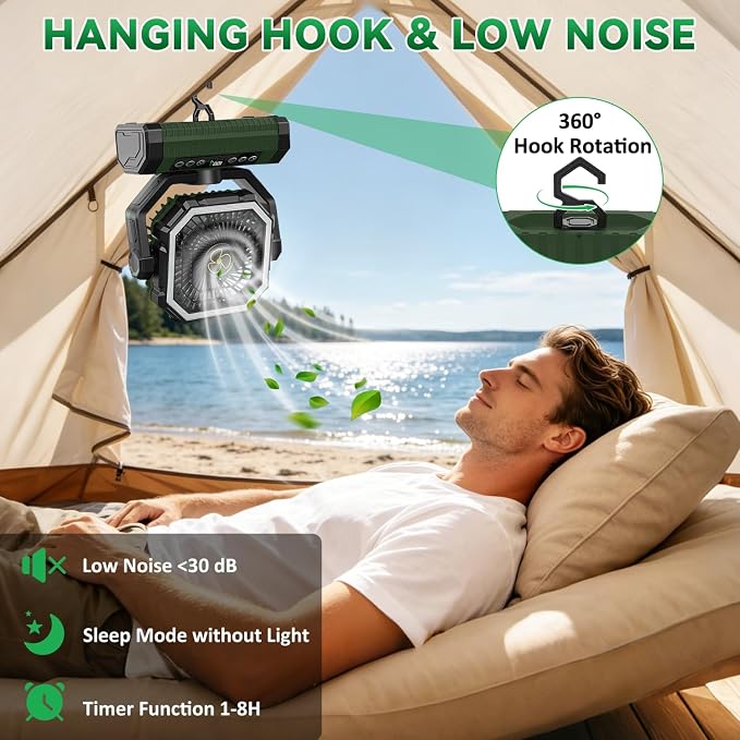 Camping Fan Rechargeable, 24000mAh Battery Powered Fan with Digital Display, 4 Speed Rechargeable Fans Portable with Remote, Cordless Battery Operated Fans with LED Light and Hanging Hook for Tent