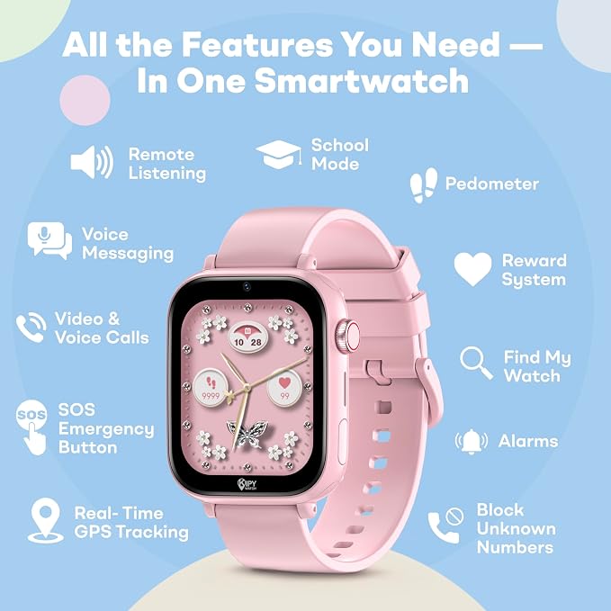 Kipywatch Smart Watch for Kids - Kids Watch with GPS Tracker, Safe Zones Alert – Camera, Voice & Video Call, School Mode – Parental App, Subscription Required - Extra White Strap - Gifts for Girl 3-12