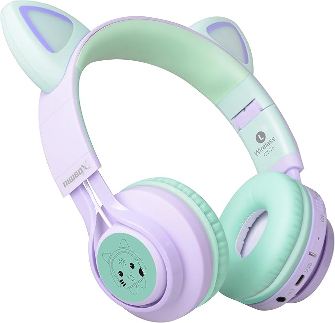 Riwbox Kids Wireless Headphones, CT-7S Cat Ear Bluetooth, 85dB Volume Limiting, LED Light Up Over Ear with Microphone for Laptop/PC/TV (Purple&Green)