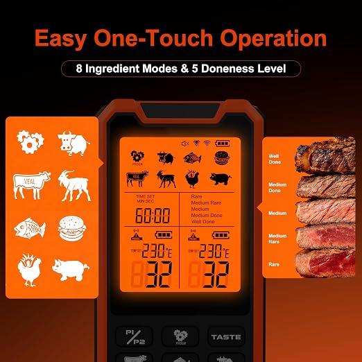 Smart Wireless Meat Thermometer with Dual Probes & APP Alerts, Bluetooth Grill Thermometer with 800ft, Digital Base, ±0.5℉Accuracy, LCD Backlit Screen for BBQ, Oven, Smoker, Kitchen Cooking