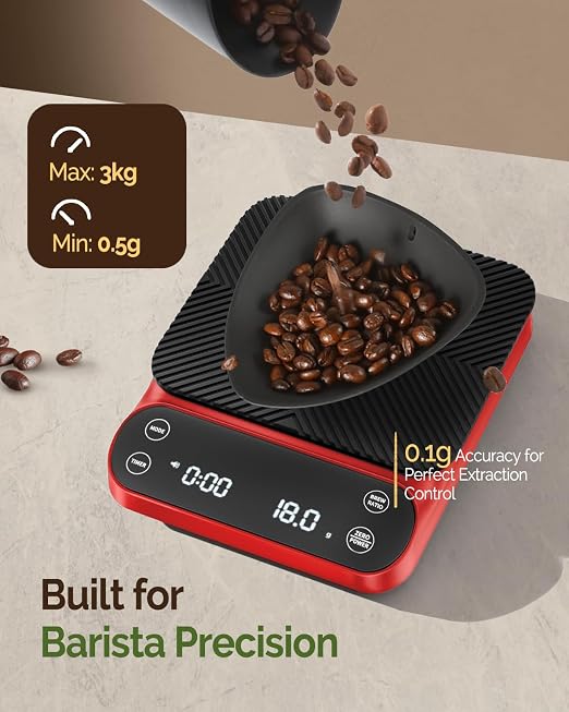 Maestri House S3 Coffee Scale with Timer, 3kg/0.1g Rechargeable Pour Over Coffee Scale, 3 Brew Modes, Adjustable Brew Ratios & Flow Rate Display, Scale for Pour Over, Espresso & French Press-Red