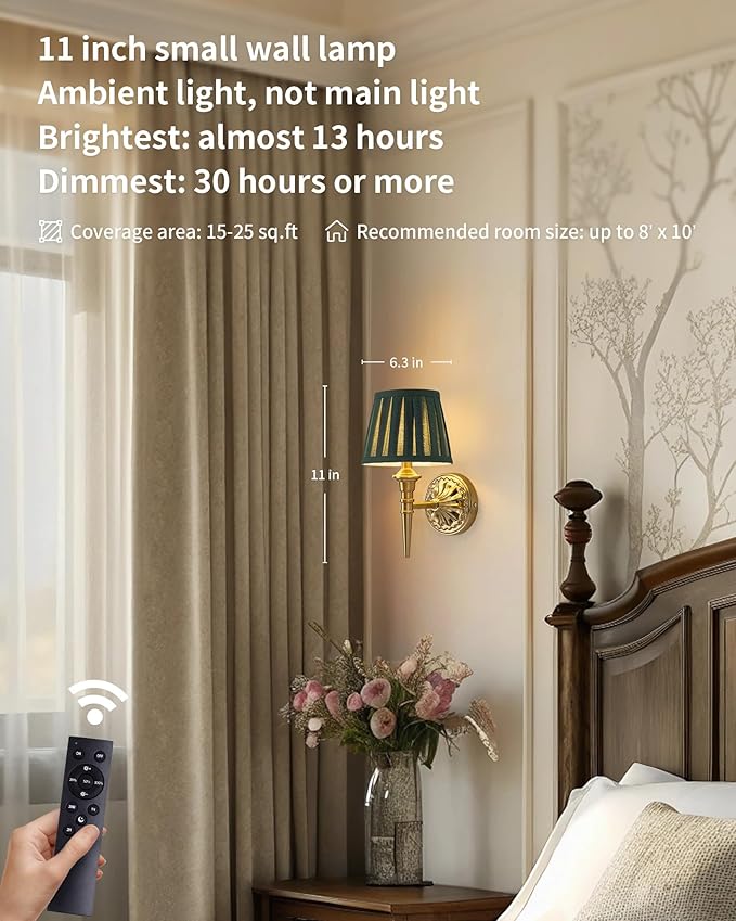 KDG Cordless Wall Sconces Set of 2, Small Wireless 5200mAh Rechargeable Battery Fabric LED Wall Lamps, Portables Lightings for Wall Painting, Living Room, Bedroom, Hallway, Gifts, Night Light (Green)