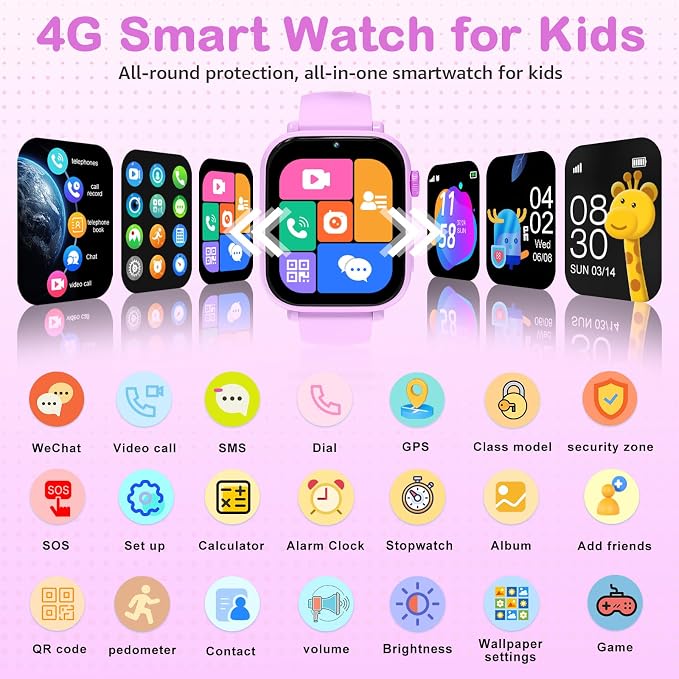 Kids Smart Watch for Boys Girls, 4G Smartwatch Phone for Children with GPS, Call, SOS, Video/Voice Chat, Parental App, Alarm, HD Touchscreen Watches for Kid Gifts Ages 4-12,Bright Rose