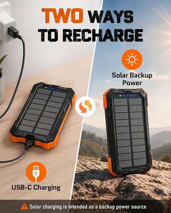 Solar Charger Power Bank - 49800mAh Solar Phone Charger with USB-C in/Output, QC 3.0 Fast Charging with LED Flashlight, Built-in 4 Cables, IP65 Waterproof Fits for Outdoor (Orange)