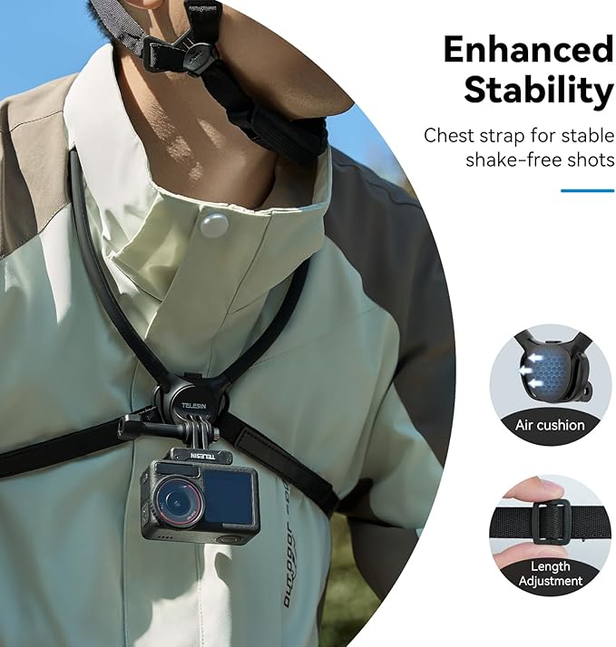 TELESIN Neck Mount SE 2.0 with Air Cushion, Adjustable Chest Strap and Neck Mount for Hands-Free POV Vlogging for GoPro Hero 13/12/11/10/9, Insta 360 X5/X4/Ace Pro 2 / Osmo 360 Nano Action 6/5 Pro/4/3