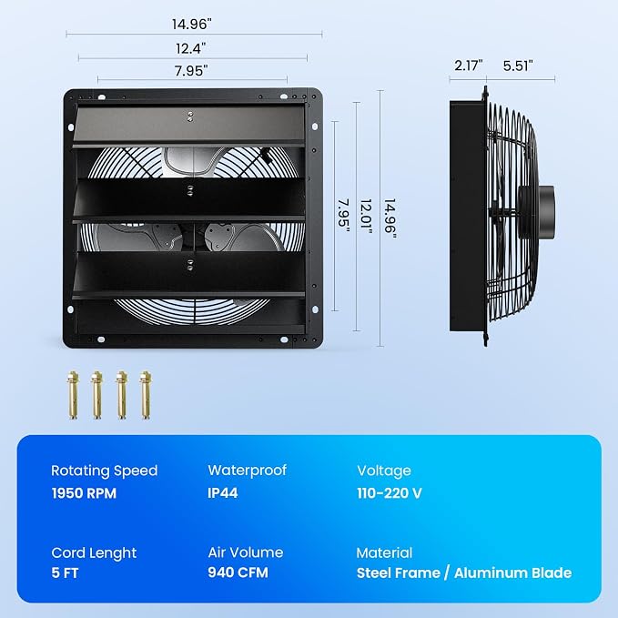 12" Wall Mounted Shutter Exhaust Fan, Attic Fan with Thermostat Humidity Controller, 10-Speed Adjustable, 940 CFM, Automatic Shutter, Vent Fan for Greenhouses, Garages, Shop, Chicken Coops
