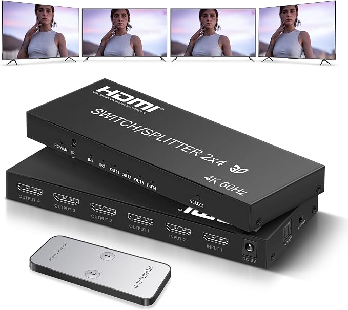 4K@60Hz HDMI Switch Splitter 2 in 4 Out with Remote, avedio Links 2x4 HDMI Splitter Switcher 4K with SPDIF & 3.5mm Audio,Support 4K,3D,1080p,HDCP2.2,HDR 10 for PS5/4,Xbox,Fire Stick,etc